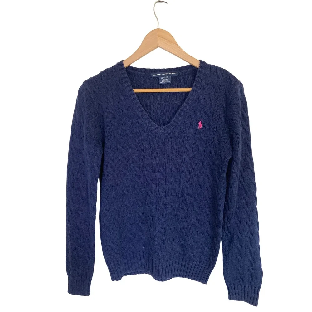 Ralph Lauren Sport Navy Blue Cable Knit V-Neck Cotton Sweater Pink Pony Large